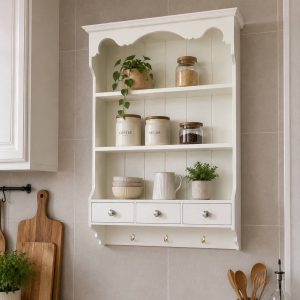 شلف دیواری دکوری چوبی سفید و طوسی و سبز